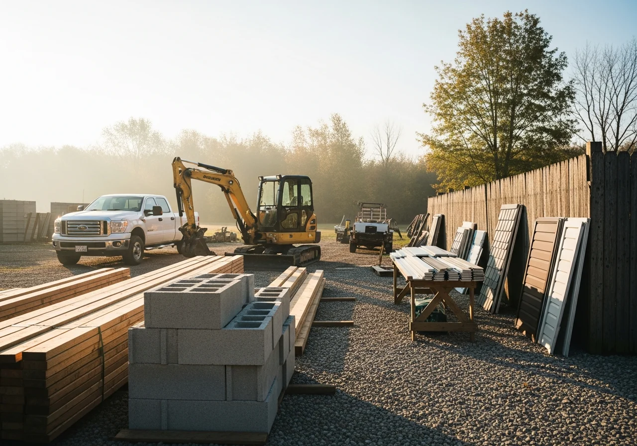 Construction crew and equipment on an active job site, showcasing tools and materials for residential and commercial building projects.