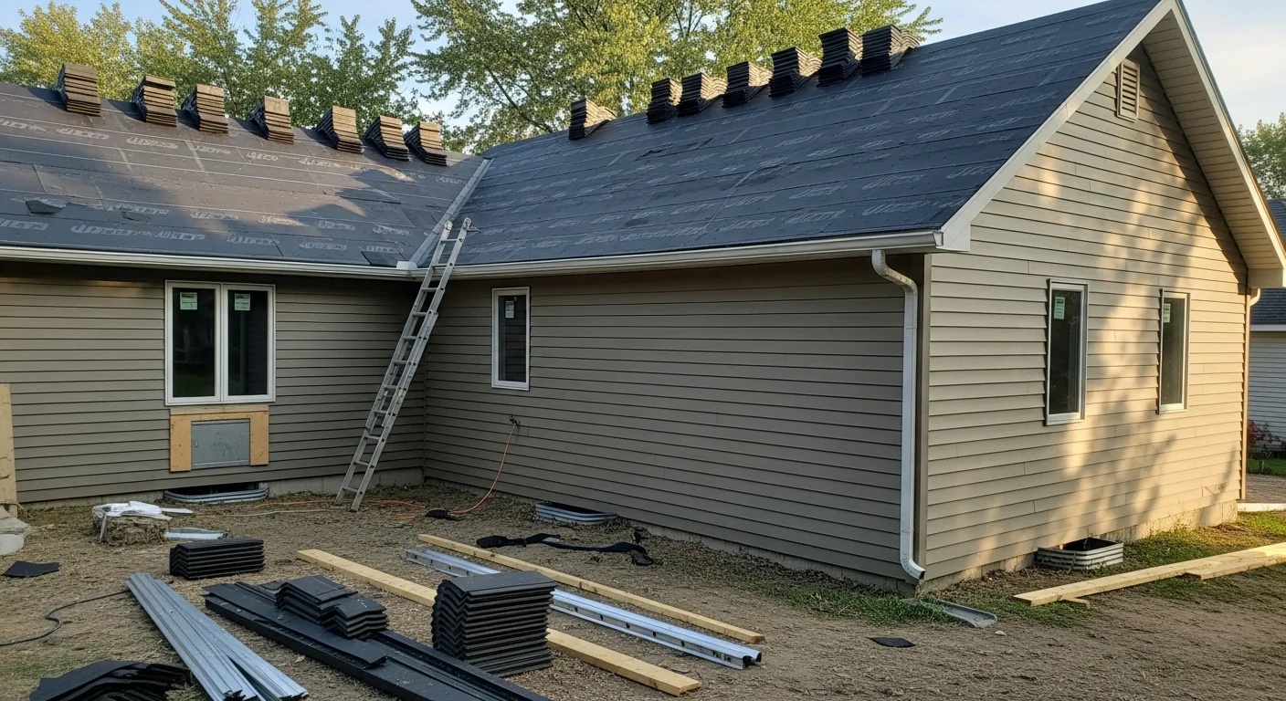 Roofer installing metal roofing on residential home