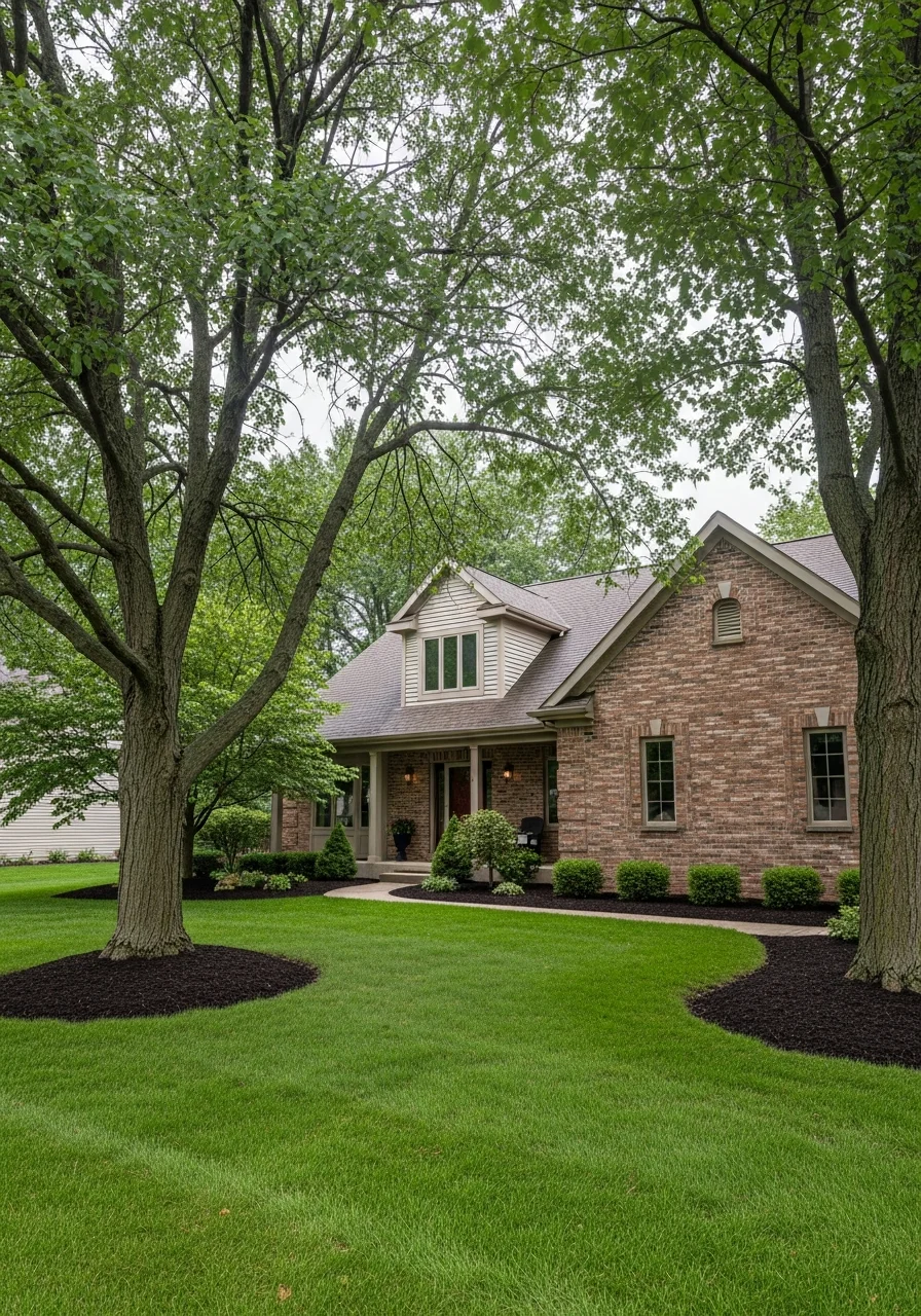Suburban Kalamazoo home with mature trees and a manicured front yard.