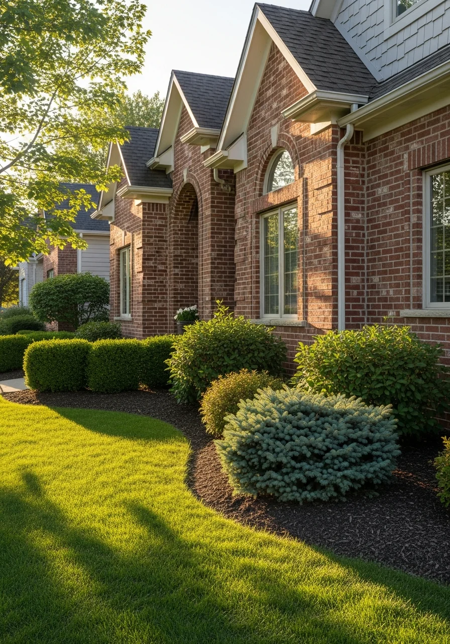 Close-up of a well-maintained home exterior in Niles with brick and landscaping detail.
