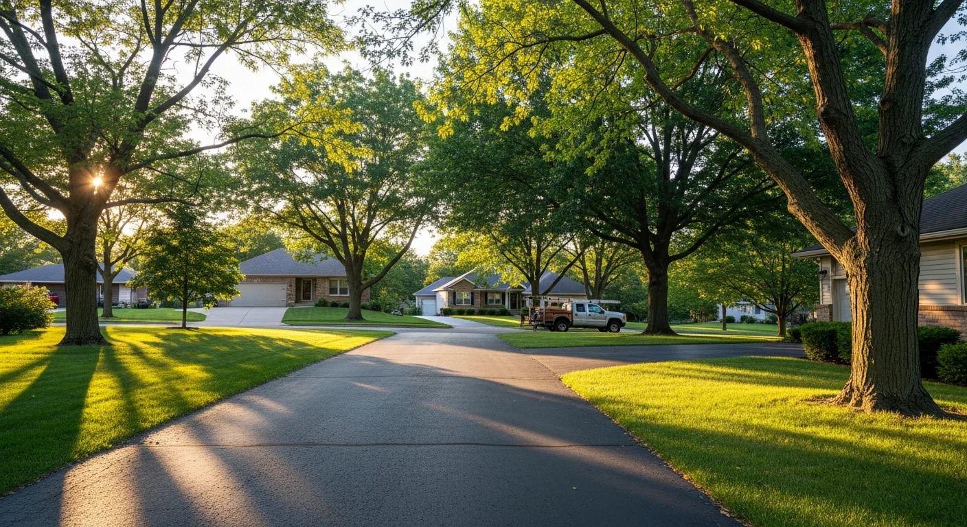 Residential street in Niles, Michigan with tree-lined homes and a clear blue sky.