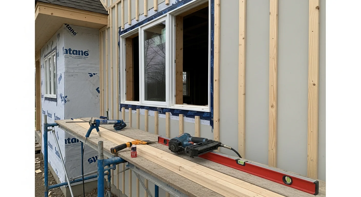 Board and batten siding installed on a residential home exterior in Niles, MI, showing clean vertical boards with tight batten seams along the front facade. The installation includes finished trim around window and door openings on a single-story Michigan home.