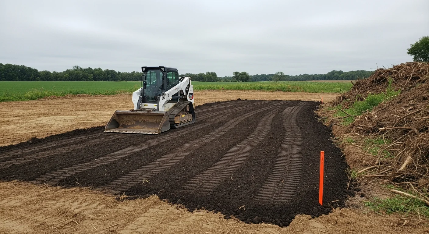 A cleared and graded building lot in Niles, MI with compacted soil and defined drainage slope ready for foundation work. A general contractor's equipment sits at the edge of the prepared site on a partly cloudy Michigan day.