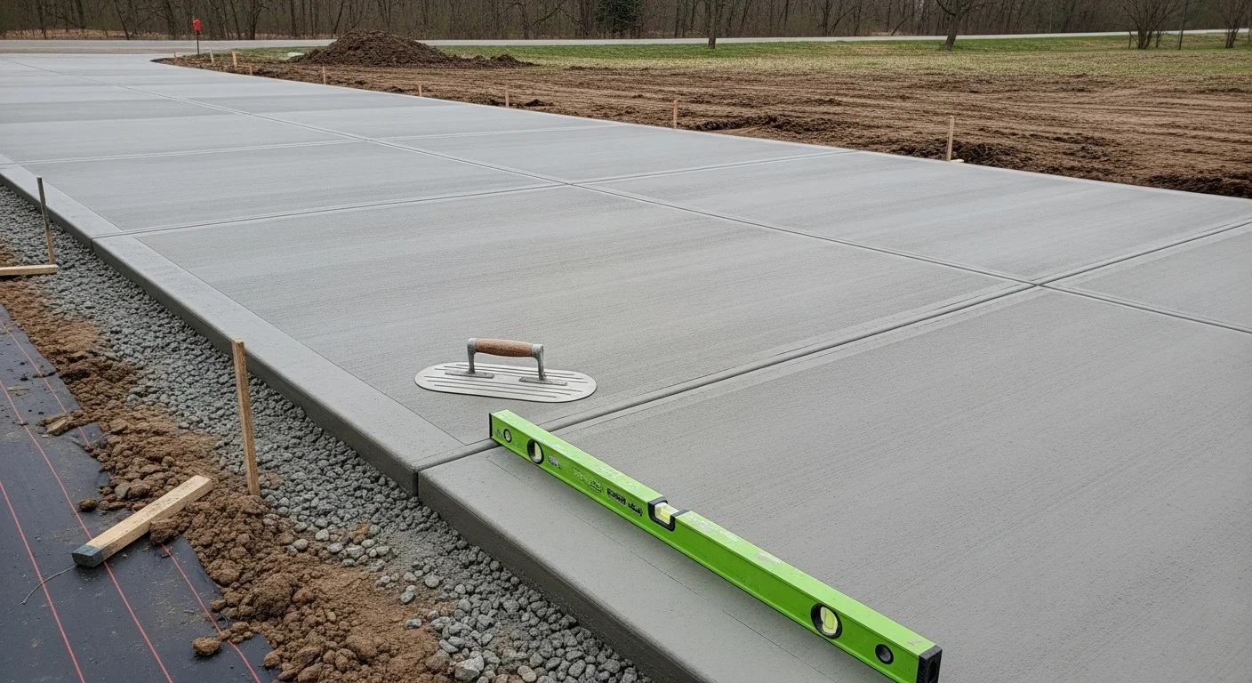 Freshly poured and finished concrete driveway at a residential property in Niles, MI, with clean edges and a smooth surface ready for use. The surrounding yard shows graded soil and a two-car garage in the background.