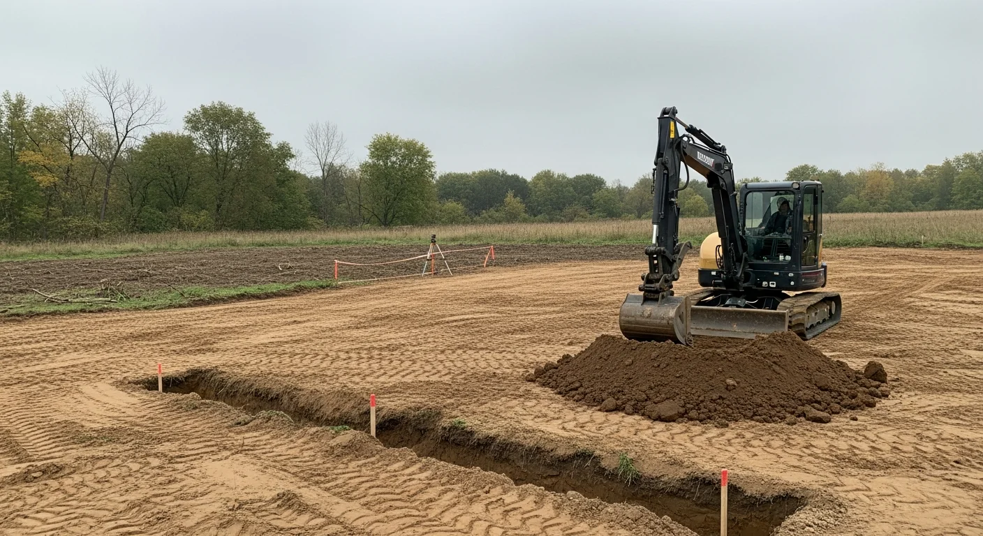 A tracked excavator digging a foundation trench on a residential lot in Niles, MI, with cleared and graded soil visible around the work area. The site shows exposed earth prepared for construction with no standing water.
