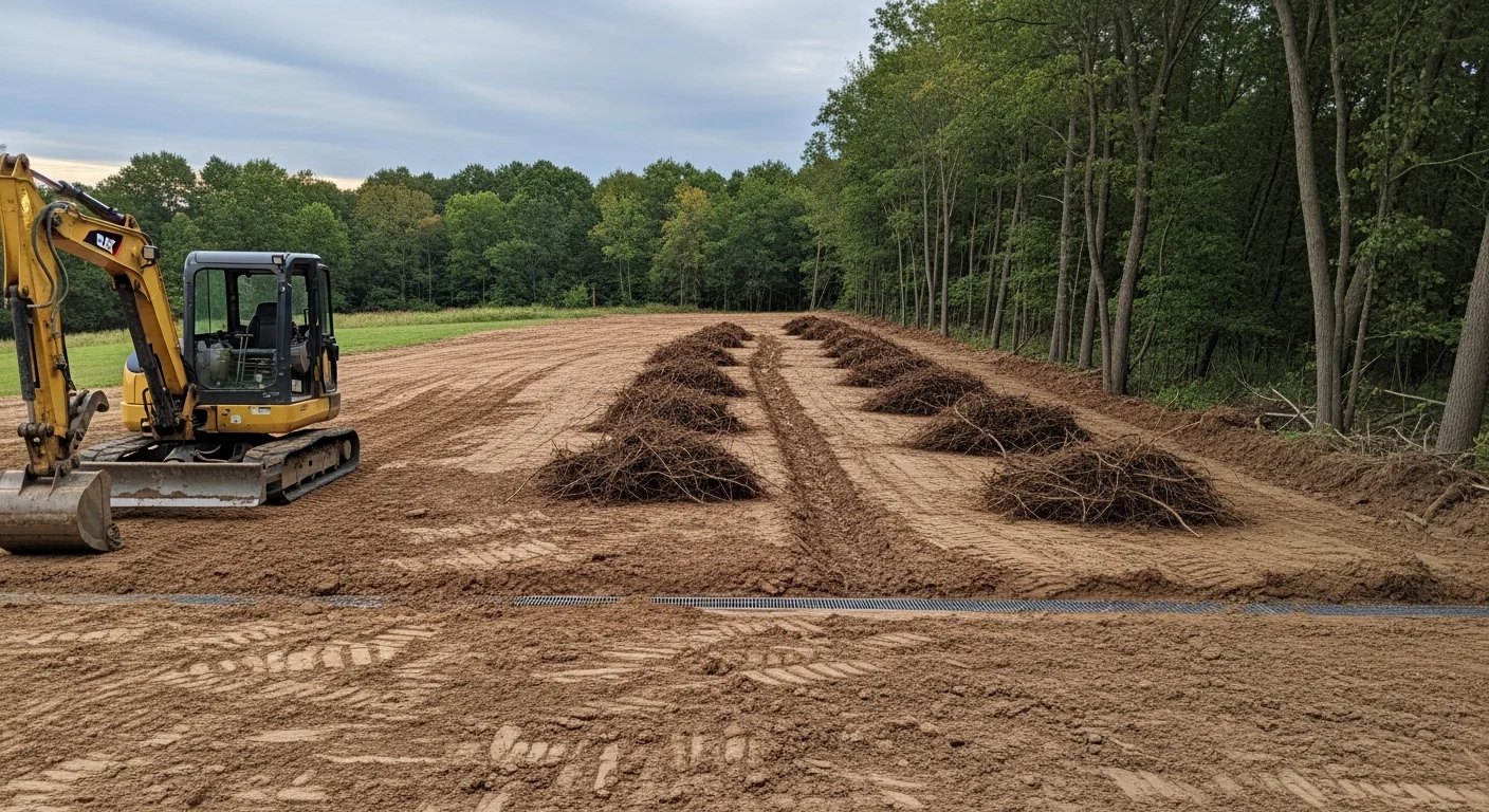A cleared residential lot in Niles, MI with stumps, brush, and trees removed, leaving bare graded soil ready for construction. An excavation machine sits at the edge of the site with a debris pile staged for haul-off.
