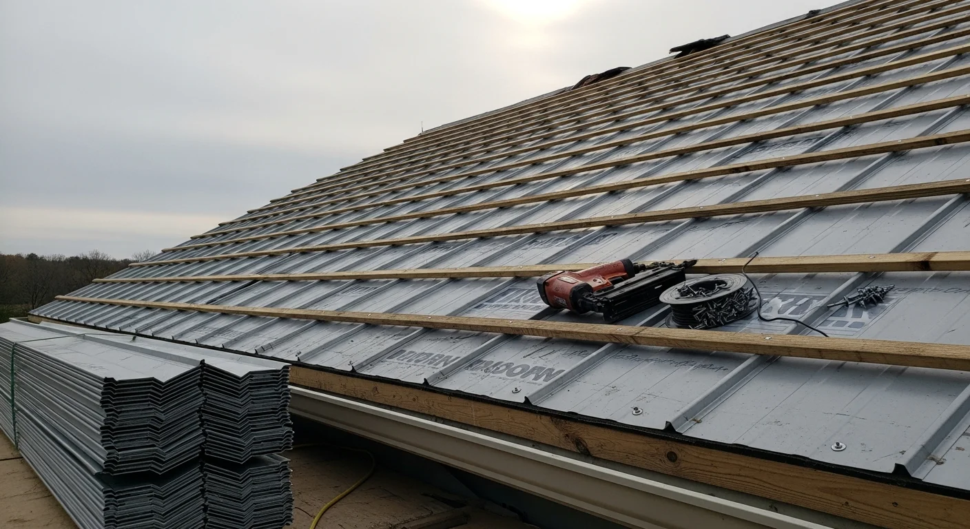 A completed metal roof installation on a residential home in Niles, MI, showing clean panel lines and consistent fastening across the full roof surface. The surrounding landscape reflects a typical southwest Michigan neighborhood setting.