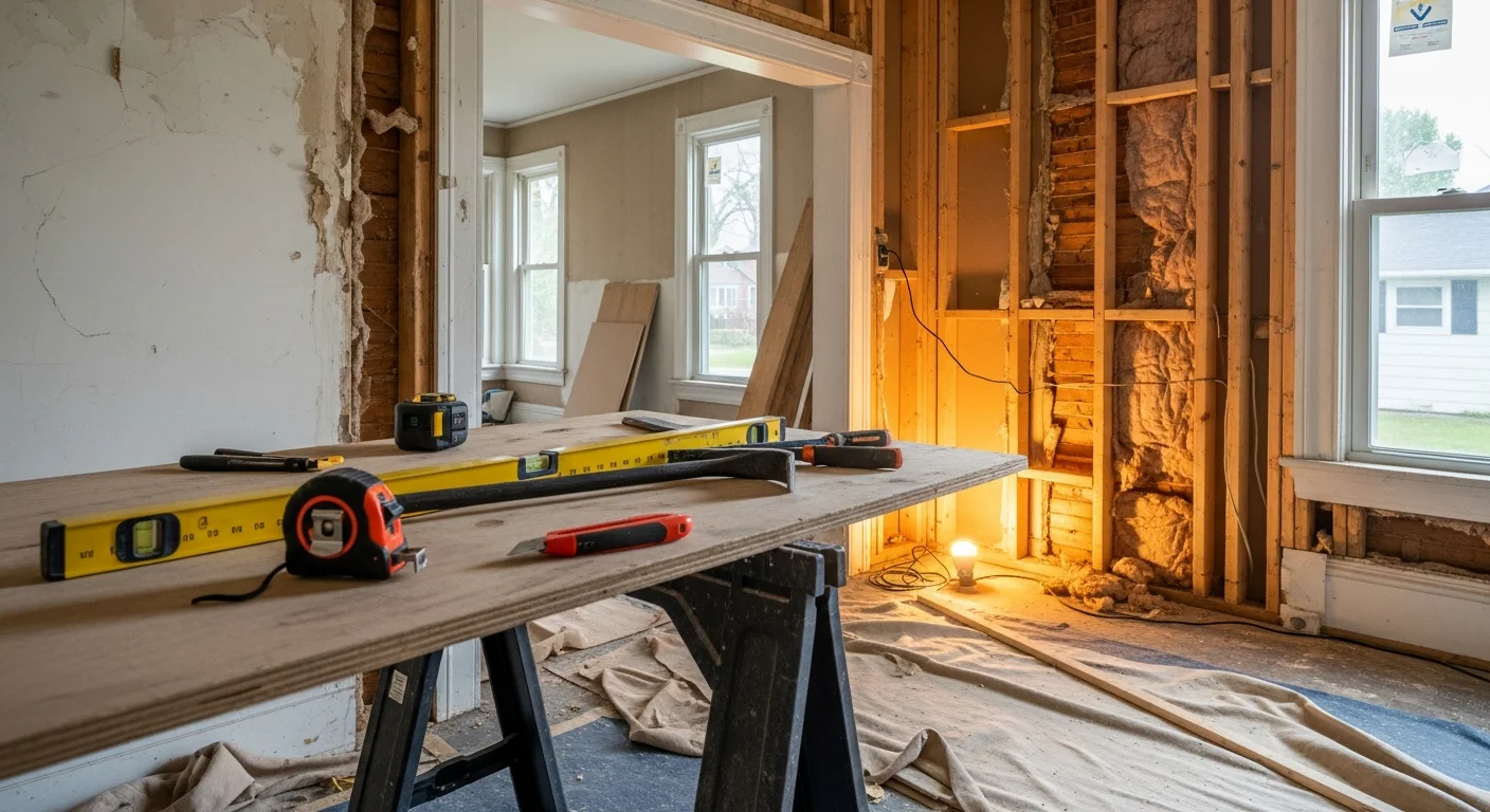 Remodeled interior of an older Niles, MI home showing an updated open-concept kitchen and living area with new cabinetry and fresh drywall. A general contractor reviews work in progress with visible framing and finish materials staged nearby.
