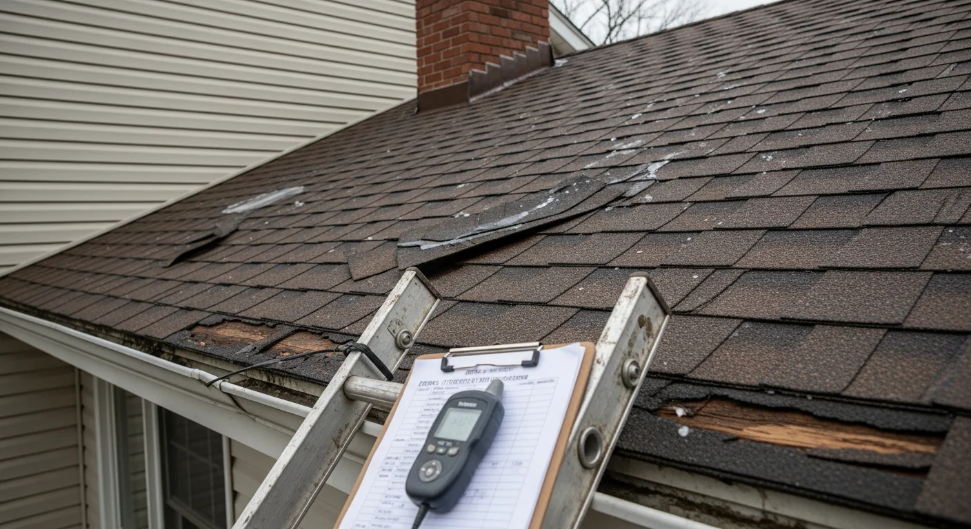 A roofing contractor from Mallory Custom Contracting LLC inspecting shingles and flashing on a single-family home in Niles, MI. Close-up view of the roof surface showing eave edges and valley areas being examined for storm and freeze-thaw damage.