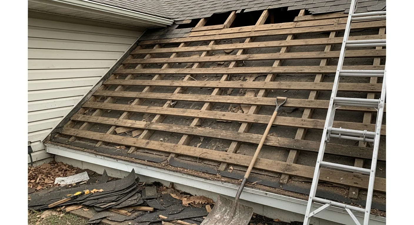 A Niles, MI residential home mid-tear-off with old shingles stripped away and bare wood decking exposed across the full roof surface. A crew from Mallory Custom Contracting LLC works on the slope while a debris pile sits in the driveway below.
