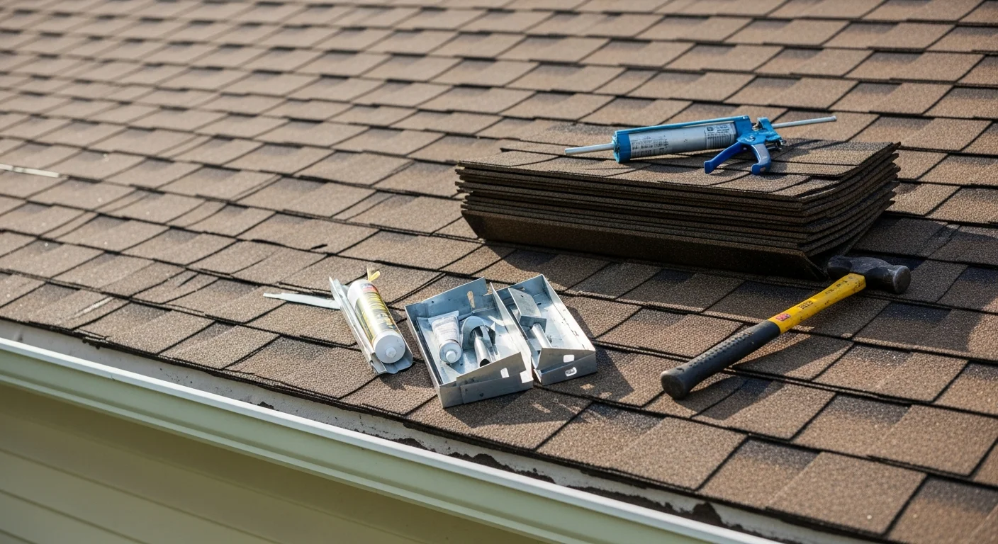 A roofing contractor from Mallory Custom Contracting LLC repairing damaged shingles and step flashing on a mid-century single-family home in Niles, MI. Close-up view shows replaced shingles and sealed flashing at a chimney base on a residential roof.
