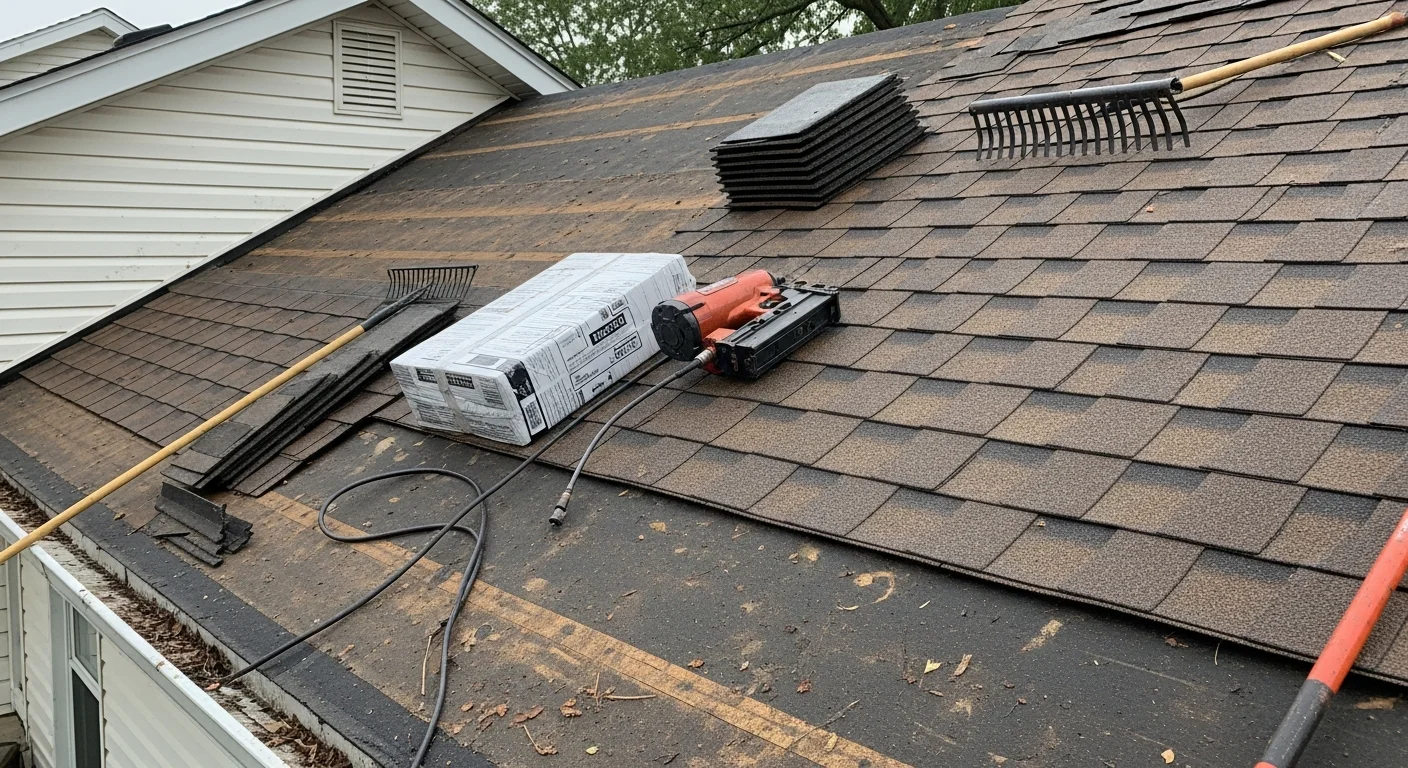 A completed shingle roof replacement on a single-family home in Niles, MI, showing uniform new shingles across the full roof surface with clean ridge lines and finished flashing around the chimney.