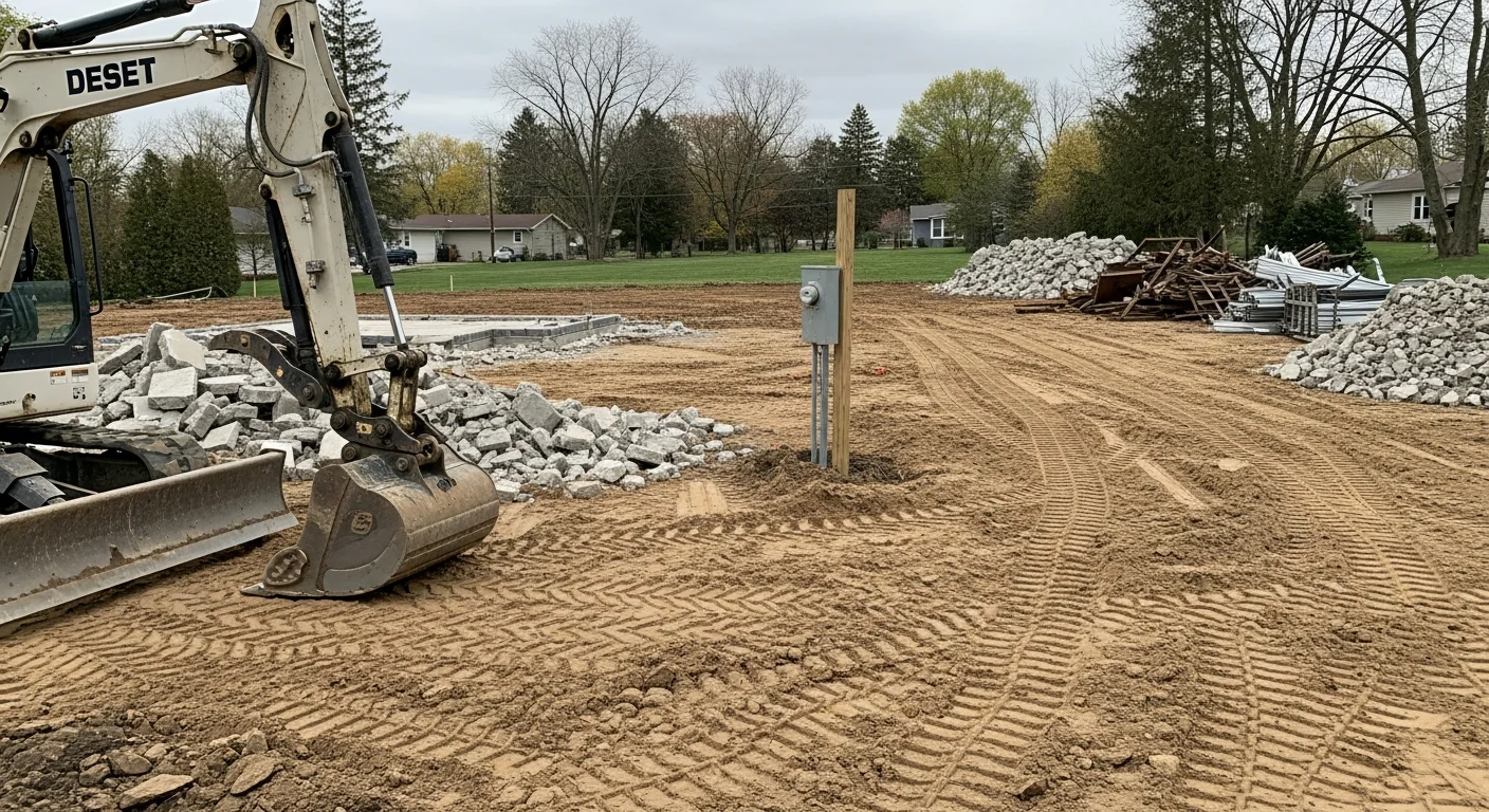 A cleared residential lot in Niles, MI after full site demolition, showing level graded soil where a structure previously stood. An excavator from Mallory Custom Contracting LLC is visible at the edge of the property with debris removed.