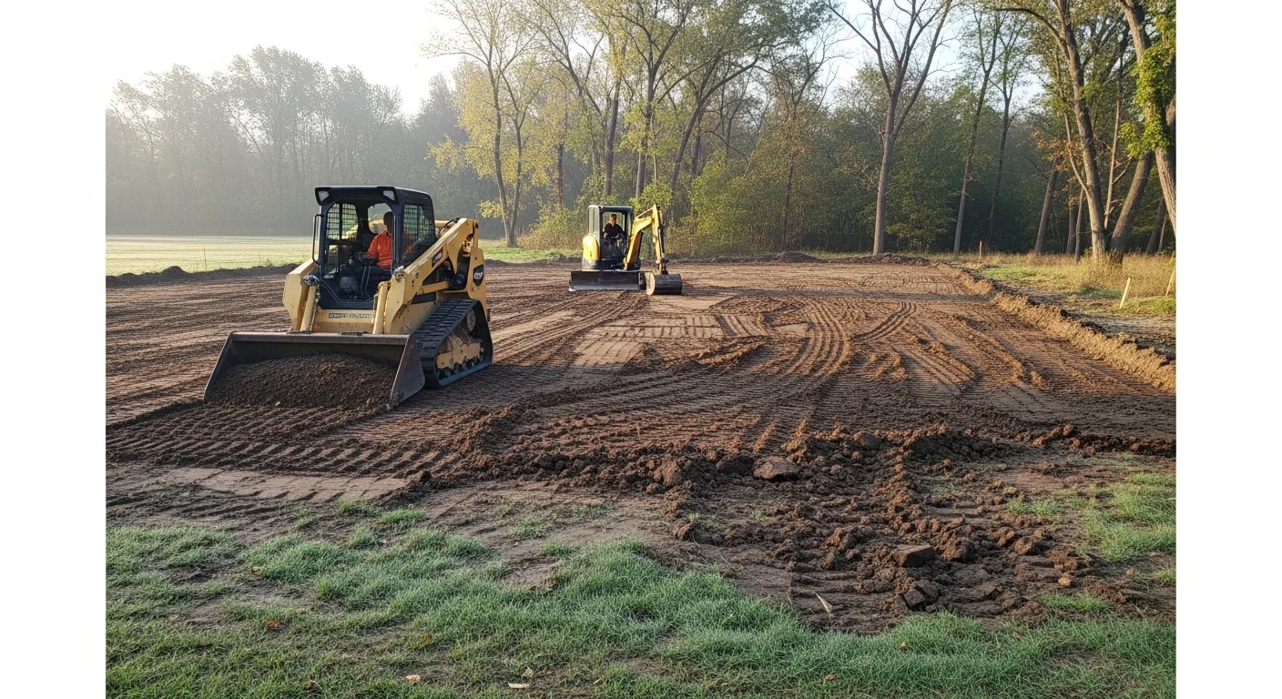 A freshly graded and compacted residential building site in Niles, MI, with level ground and clear drainage slopes ready for foundation work. An excavator sits at the edge of the cleared lot with surrounding trees and a Berrien County rural backdrop visible.